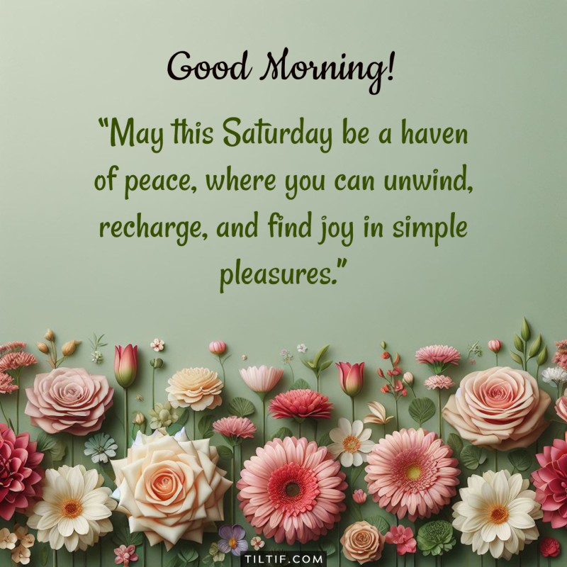 Good morning! May this Saturday be a haven of peace, where you can unwind, recharge, and find joy in simple pleasures.