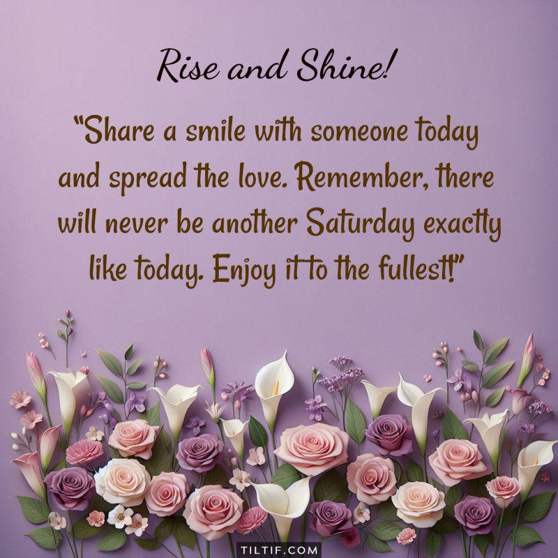 Share a smile with someone today and spread the love. Remember, there will never be another Saturday exactly like today. Enjoy it to the fullest!