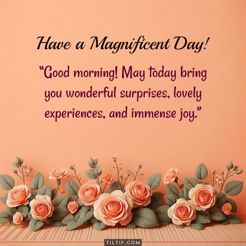 Good morning! May today bring you wonderful surprises, lovely experiences, and immense joy. Have a magnificent day!