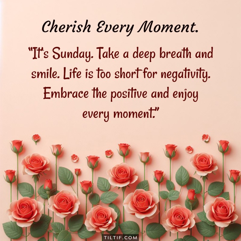 It’s Sunday. Take a deep breath and smile. Life is too short for negativity. Embrace the positive and enjoy every moment.