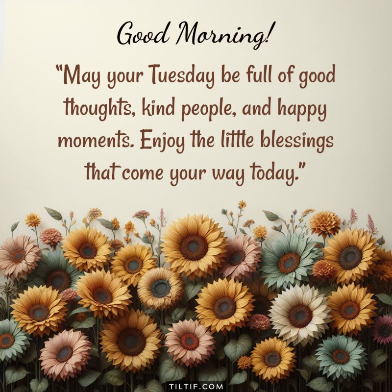 Good morning! May your Tuesday be full of good thoughts, kind people, and happy moments. Enjoy the little blessings that come your way today.