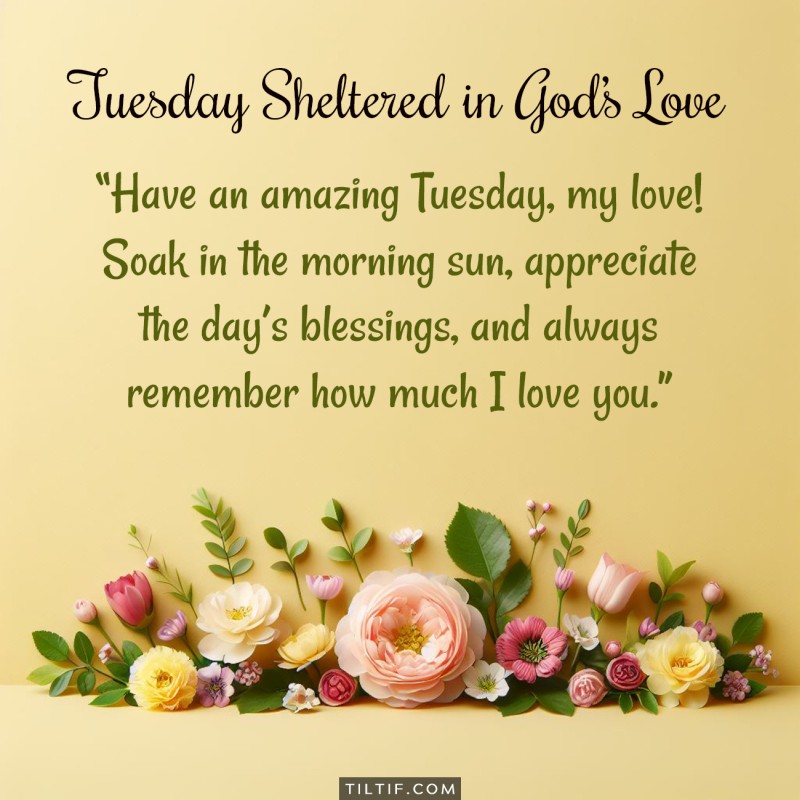 Have an amazing Tuesday, my love! Soak in the morning sun, appreciate the day's blessings, and always remember how much I love you.