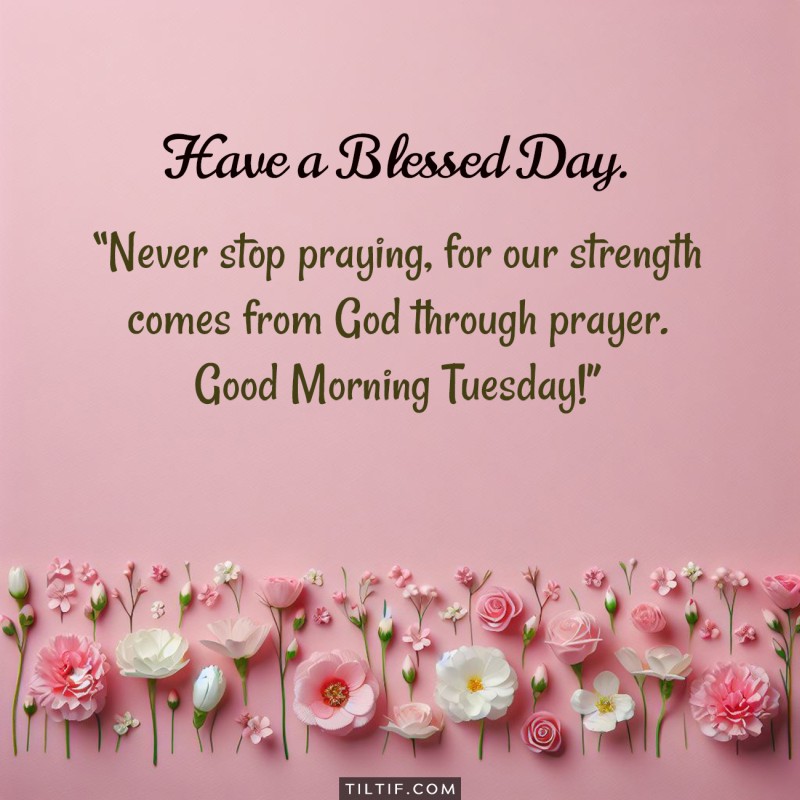 Never stop praying, for our strength comes from God through prayer. Good Morning Tuesday! Have a Blessed Day.