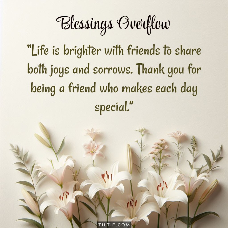 Life is brighter with friends to share both joys and sorrows. Thank you for being a friend who makes each day special.